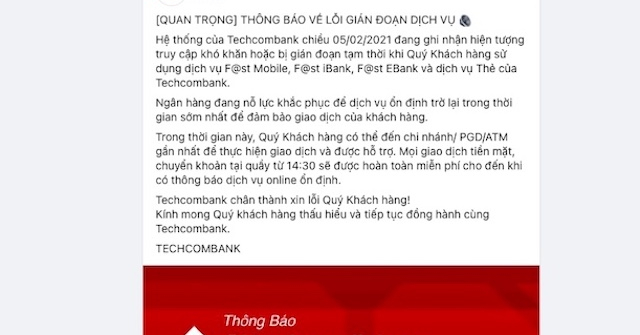 Techcombank gián đoạn dịch vụ ngày cận Tết, thanh toán online bị từ chối