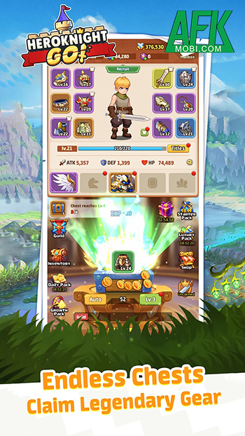 Mở rương để phát triển nhân vật anh hùng của bạn trong game nhập vai Heroknight Go!