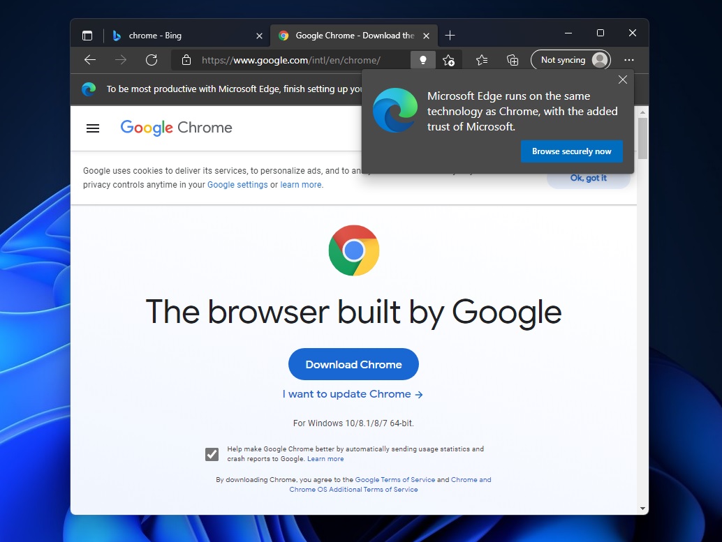 Microsoft Edge gửi thông điệp cảnh báo những ai có ý định tải Google Chrome