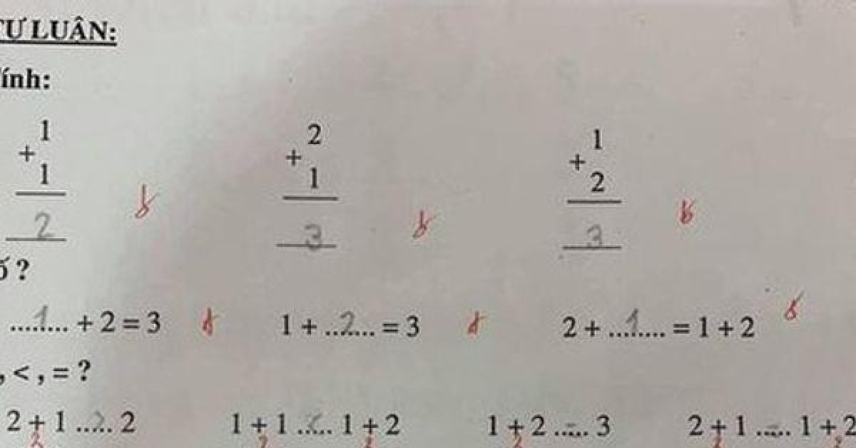 Học sinh làm phép tính 2 + 1 > 1 bị cô giáo chấm sai, cư dân mạng rối não: vậy như nào mới đúng?