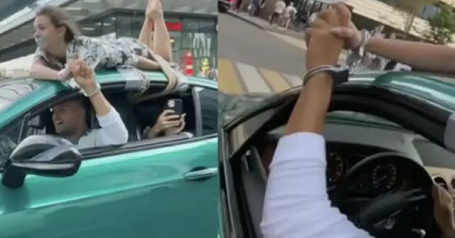 Clip: Anh chàng còng tay, trói bạn gái trên nóc xe Bentley gây choáng