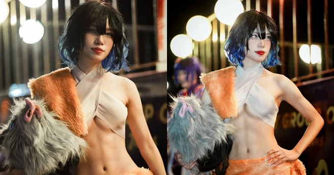 Nữ cosplayer xinh đẹp khoe sức mạnh và sự quyến rũ trong trang phục Inosuke từ Demon Slayer