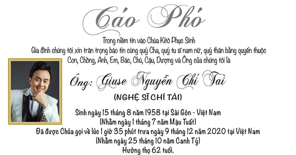 Vợ thông báo cáo phó của NS Chí Tài tại Mỹ: Thời gian tang lễ thay đổi, thi hài sẽ được hoả táng và không nhận vòng hoa viếng!