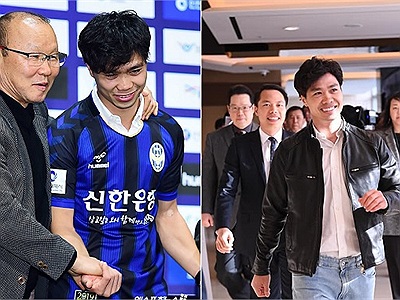 Thầy Park và Công Phượng tay trong tay tại lễ ra mắt tân binh của CLB Incheon United