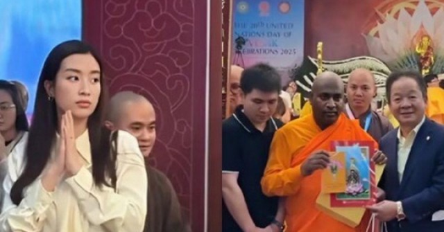 Hoa hậu Đỗ Mỹ Linh tháp tùng Bầu Hiển đi chiêm bái xá lợi Phật, khí chất chuẩn dâu hào môn