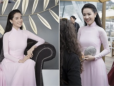 Nhã Phương đẹp rạng ngời ở LHP Cannes 2018 trong áo dài hồng kín đáo