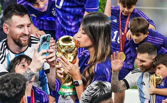 Messi viên mãn cả tình yêu lẫn sự nghiệp: Một tay nâng cup World Cup, 1 tay chụp hình cho vợ