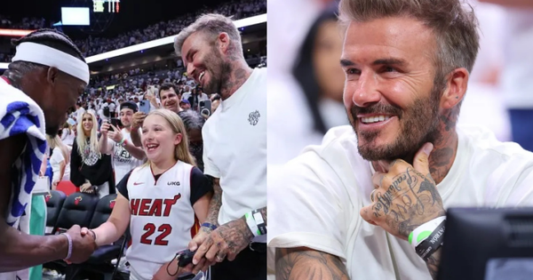 David Beckham gây náo loạn sân bóng NBA với visual sáng bừng, ai dè bị màn hò hét của ái nữ Harper giật spotlight