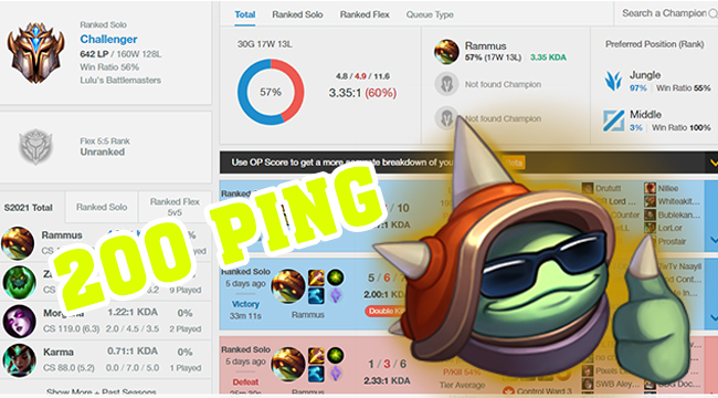 LMHT: Xuất hiện game thủ chơi trong điều kiện 200 ping, spam Rammus lên Thách Đấu