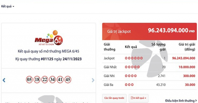 Jackpot hơn 96 tỷ đồng của xổ số điện toán Vietlott 