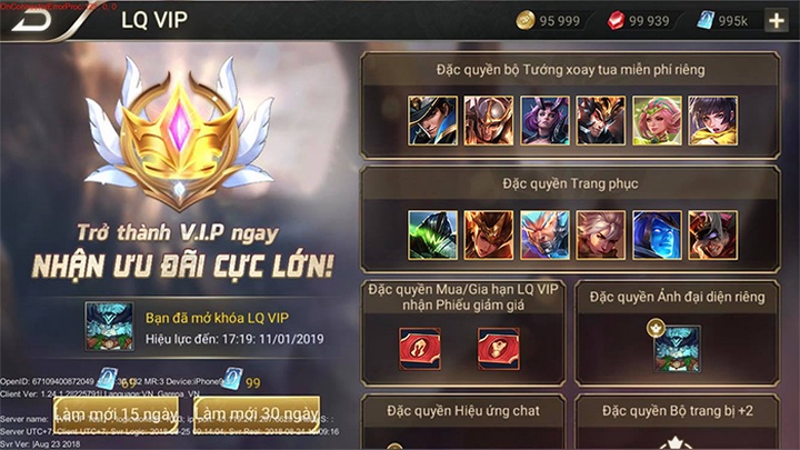 Mở vip 30 ngày acc Liên quân được gì?