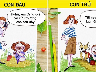 Tranh vui so sánh khác biệt giữa con đầu với con thứ gia đình nào cũng gặp phải