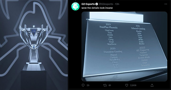 Riot công bố phiên bản mới của Summoner’s Cup, G2 tranh thủ tự điền tên vào cúp lấy lợi thế trước CKTG 2022