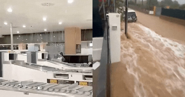 Mưa xối xả gây ngập lụt nghiêm trọng, sân bay tại 1 hòn đảo du lịch nổi tiếng biến thành “thác nước trong nhà”